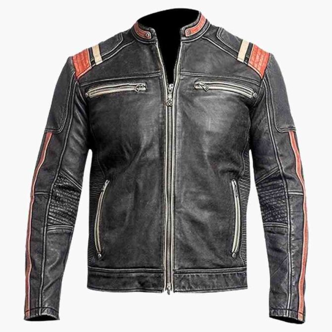 Mens Cafe Racer Retro Vintage Motorcycle Distressed Black Genuine Leather Biker Jacket