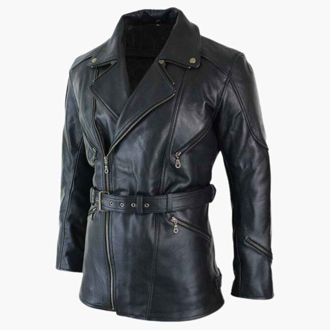 Mens Quarter Length 3/4 Brando Motorcycle Biker Genuine Leather Black Jacket - Image 2