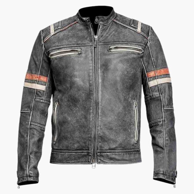 Mens Cafe Racer Retro Motorcycle Vintage Distressed Black Genuine Leather Biker Jacket