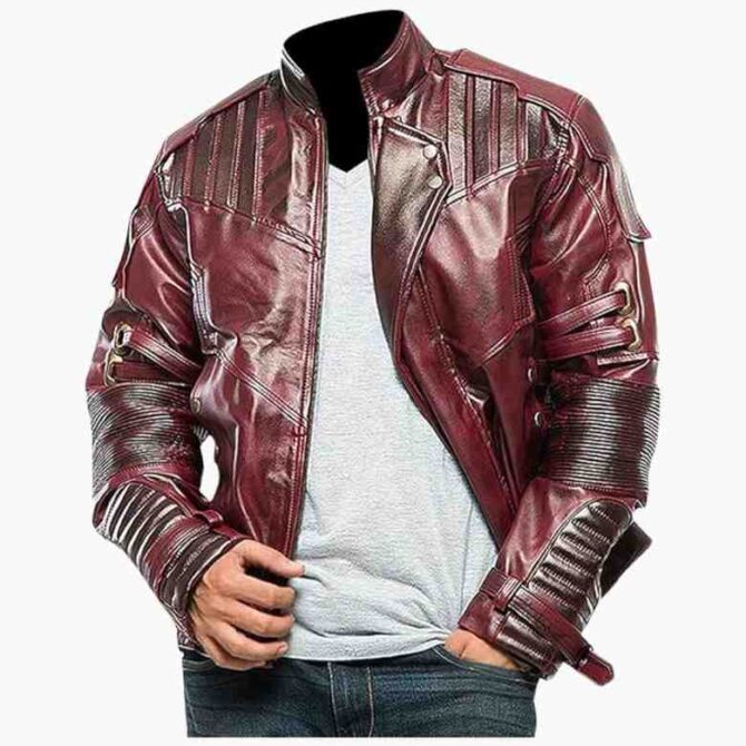 Guardians of Galaxy Star Lord Peter Quill Cosplay Costume Distressed Maroon Leather Jacket - Image 2