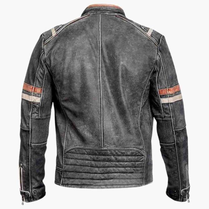 Mens Cafe Racer Retro Motorcycle Vintage Distressed Black Genuine Leather Biker Jacket - Image 2