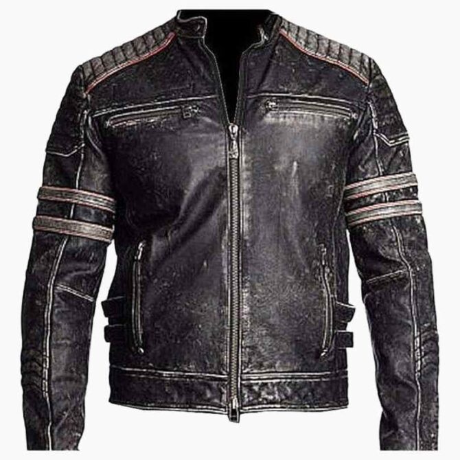 Cafe Racer Retro Motorcycle Vintage Biker Black Distressed Genuine Lambskin Leather Jacket