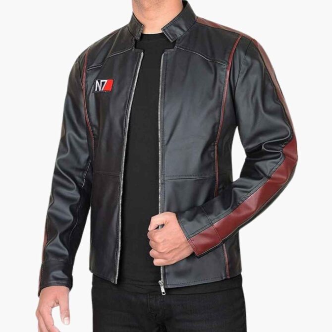 Mass Effect N7 Commander Shepard Gaming Cosplay Black Leather Jacket - Image 3