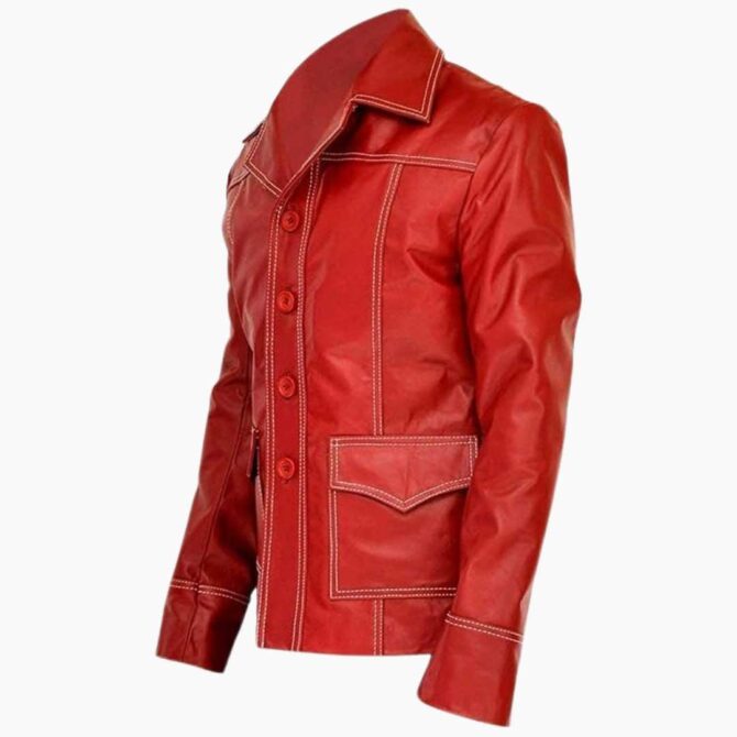 Fight Club Coat Brad Pitt (Tyler Durden) Red Leather Motorcycle Jacket - Image 2