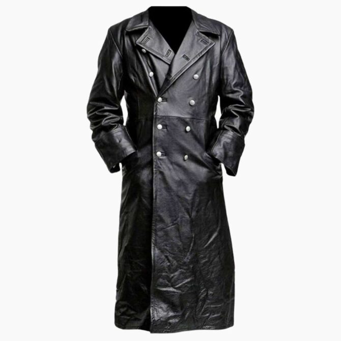 German Classic Officer Military WW2 Vintage Black Leather Trench Costume Uniform Coat