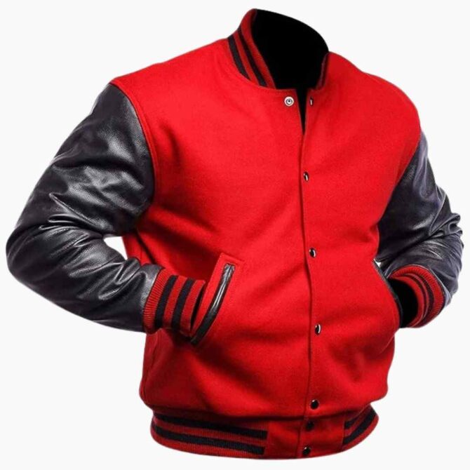 Mens Baseball Varsity Bomber Letterman Wool Black and Red PU Leather Jacket - Image 2