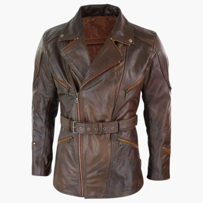 Mens 3/4 Quarter Length Brando Motorcycle Coat Brown Biker Genuine Leather Jacket