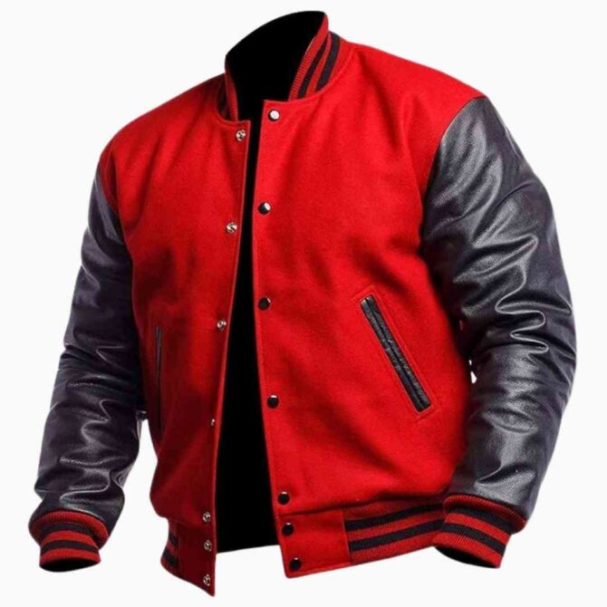 Mens Baseball Varsity Bomber Letterman Wool Black and Red PU Leather Jacket