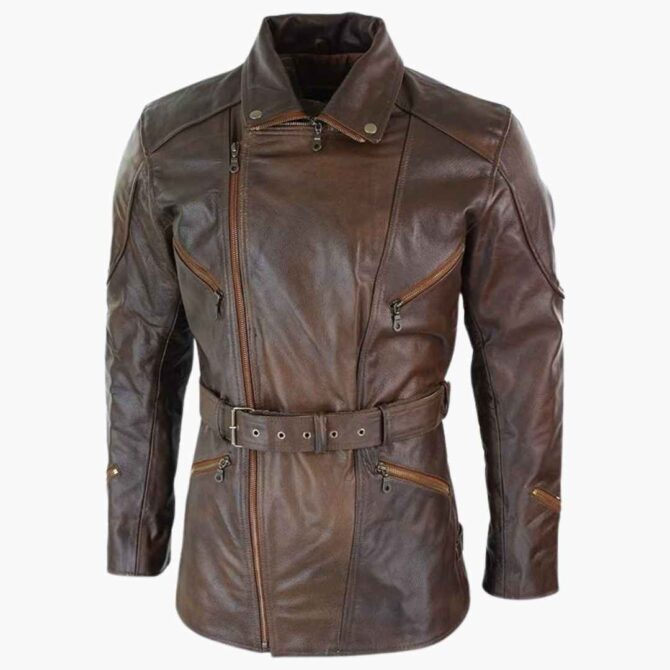 Mens 3/4 Quarter Length Brando Motorcycle Coat Brown Biker Genuine Leather Jacket - Image 2