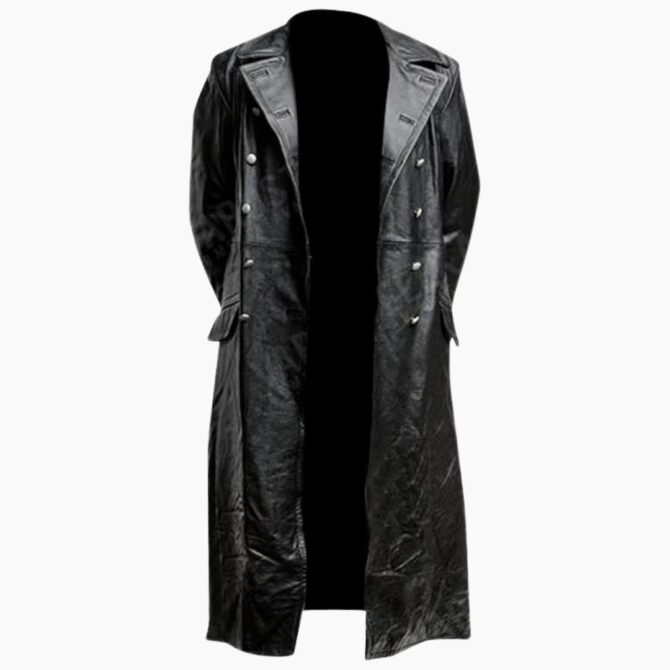 German Classic Officer Military WW2 Vintage Black Leather Trench Costume Uniform Coat - Image 2