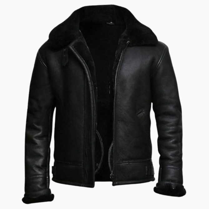 Mens B3 Faux Fur Shearling WW2 Aviator Flight Pilot Sheepskin Black Bomber Leather Jacket