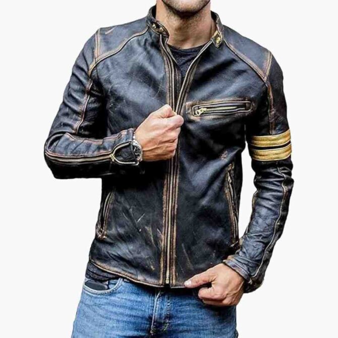 Mens Cafe Racer Golden Stripes Motorcycle Black Distressed Lambskin Leather Biker Jacket