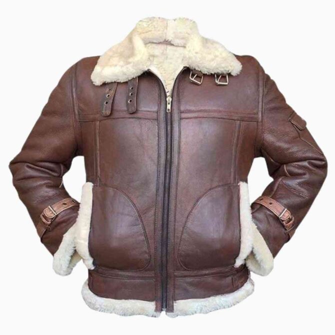 Mens B3 Fur Shearling Aviator Flight Bomber Brown Leather Jacket