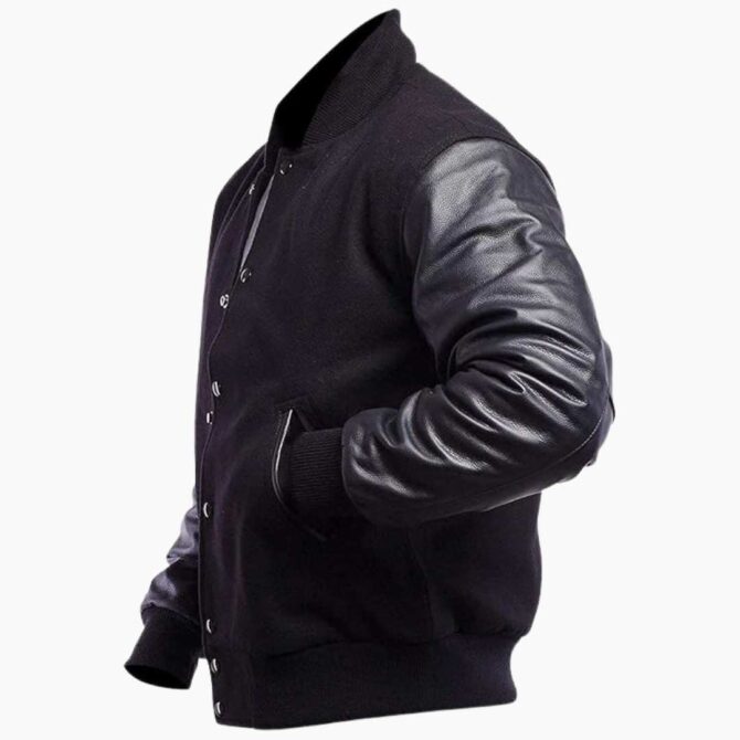 College Baseball Varsity Bomber Letterman Wool PU Black Leather Jacket - Image 2
