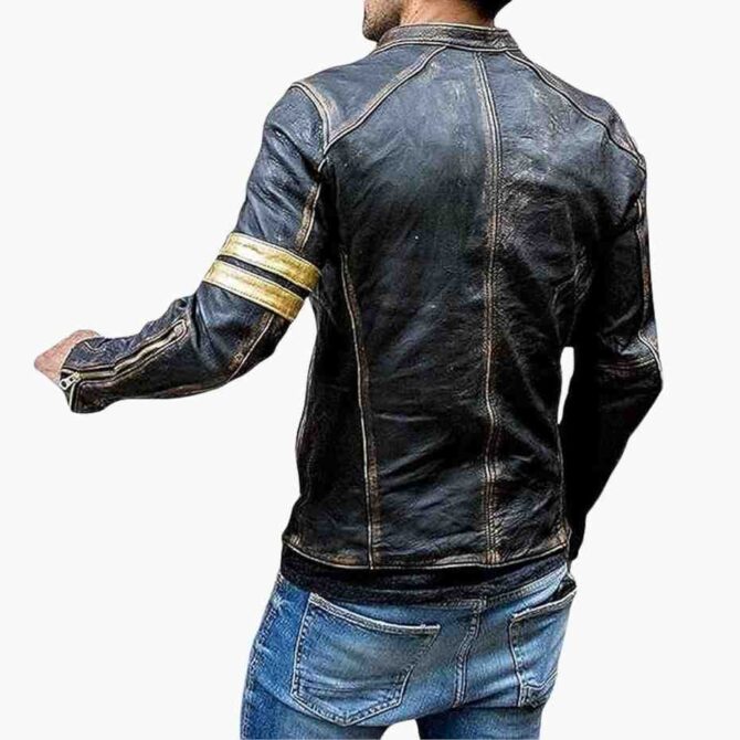 Mens Cafe Racer Golden Stripes Motorcycle Black Distressed Lambskin Leather Biker Jacket - Image 4