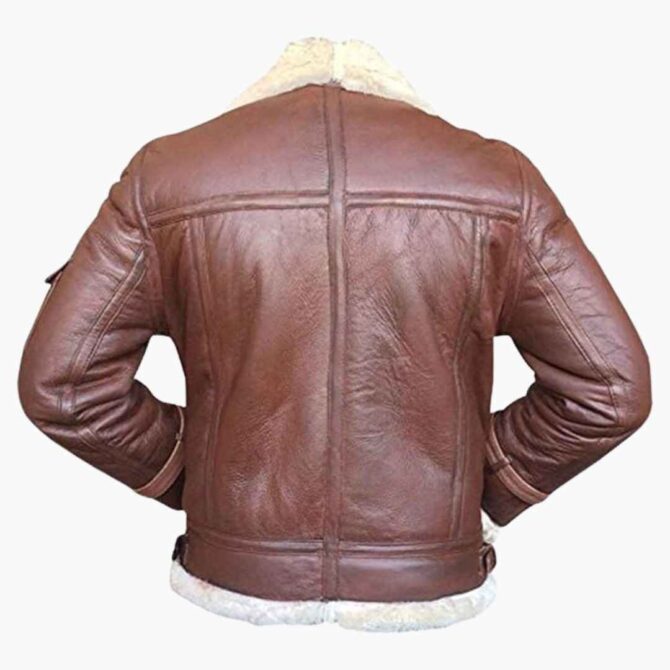 Mens B3 Fur Shearling Aviator Flight Bomber Brown Leather Jacket - Image 2