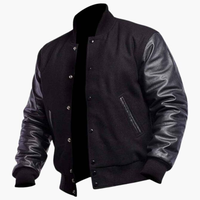 College Baseball Varsity Bomber Letterman Wool PU Black Leather Jacket