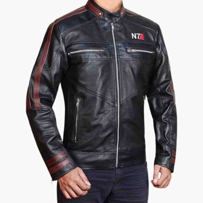 Mass Effect N7 Street Fighter Commander Motorcycle Black Leather Jacket - Image 2