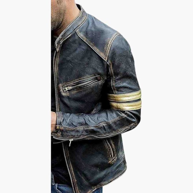 Mens Cafe Racer Golden Stripes Motorcycle Black Distressed Lambskin Leather Biker Jacket - Image 3