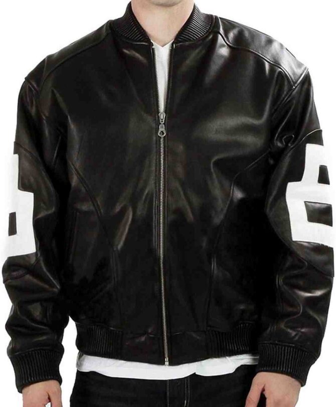 Mens 8 Ball Varsity Vintage Letterman White Logo Faux Leather Bomber Black Jacket - Image 2