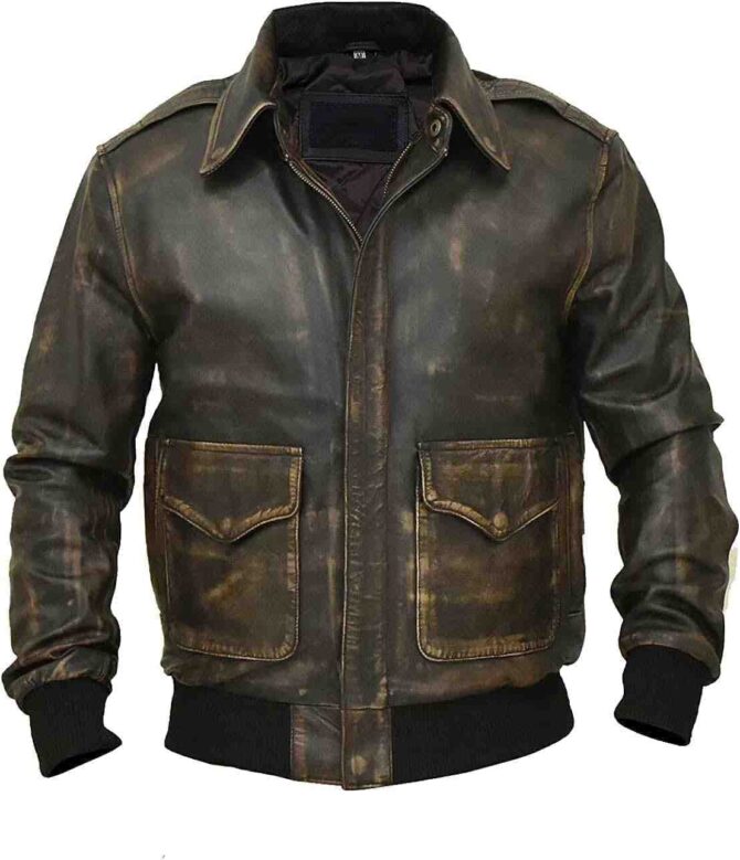 Mens A2 Aviator Air Force Flight WW2 Pilot Distressed Brown Bomber Leather Jacket