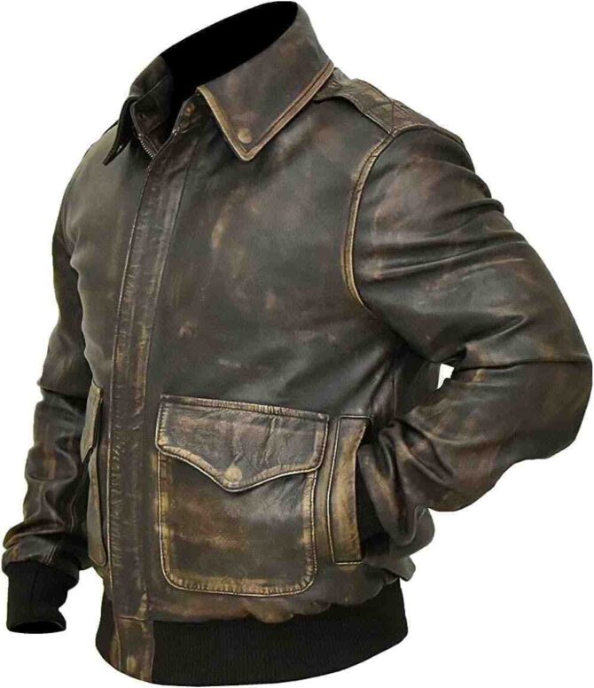Mens A2 Aviator Air Force Flight WW2 Pilot Distressed Brown Bomber Leather Jacket - Image 2
