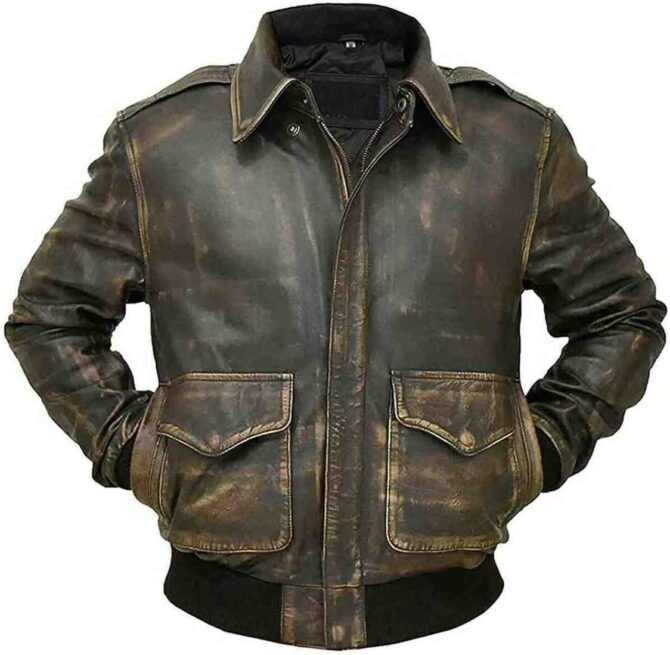 Mens A2 Aviator Air Force Flight WW2 Pilot Distressed Brown Bomber Leather Jacket - Image 3