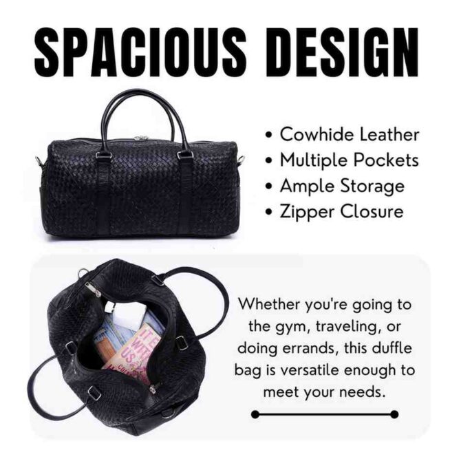 Luxurious Cowhide Duffel Bag Large Size Unisex Travel Braided Duffle Bag Gym Bag Weekender Overnight Bag Premium Quality Cow Hair On Black Duffle - Image 4