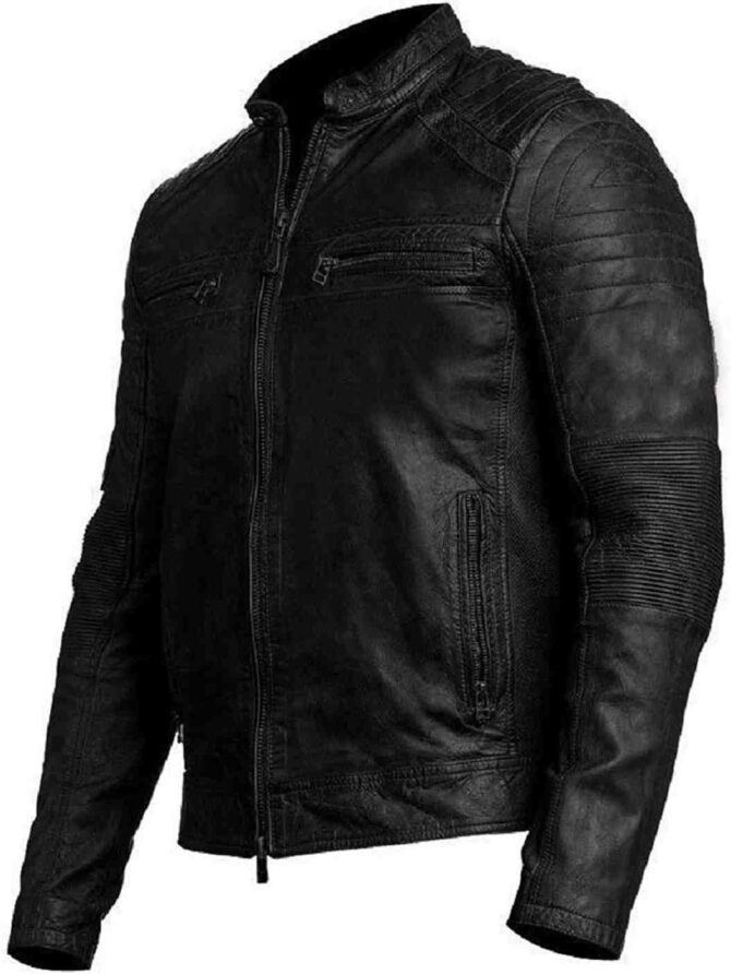 Mens Cafe Racer Vintage Motorcycle Biker Distressed Black Leather Jacket - Image 2