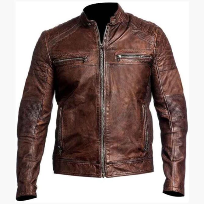 Mens Cafe Racer Vintage Motorcycle Biker Brown Leather Jacket