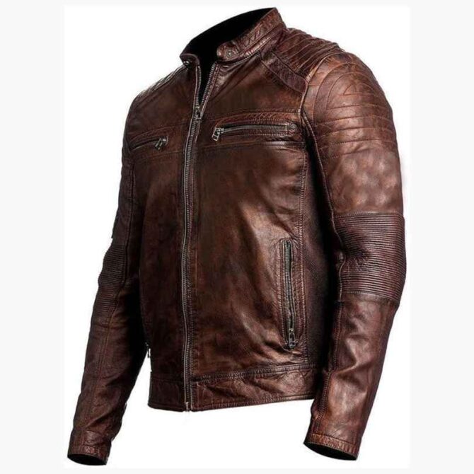 Mens Cafe Racer Vintage Motorcycle Biker Brown Leather Jacket - Image 3