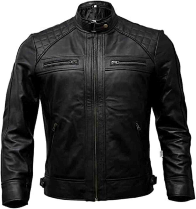 Mens Cafe Racer Black Quilted Motorcycle Genuine Leather Vintage Biker Jacket