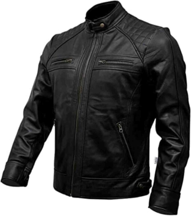 Mens Cafe Racer Black Quilted Motorcycle Genuine Leather Vintage Biker Jacket - Image 2