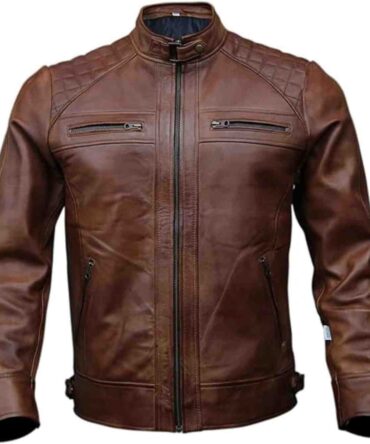Mens Cafe Racer Brown Quilted Motorcycle Genuine Leather Vintage Biker Jacket