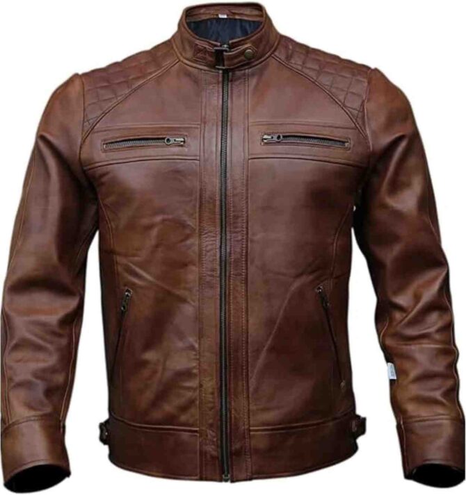 Mens Cafe Racer Brown Quilted Motorcycle Genuine Leather Vintage Biker Jacket
