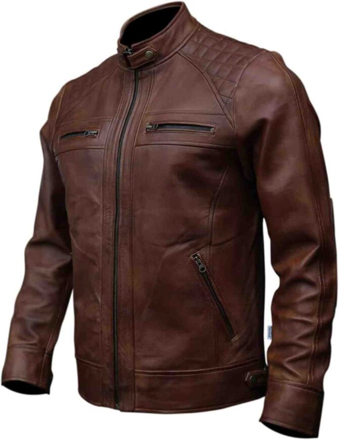 Mens Cafe Racer Brown Quilted Motorcycle Genuine Leather Vintage Biker Jacket - Image 2