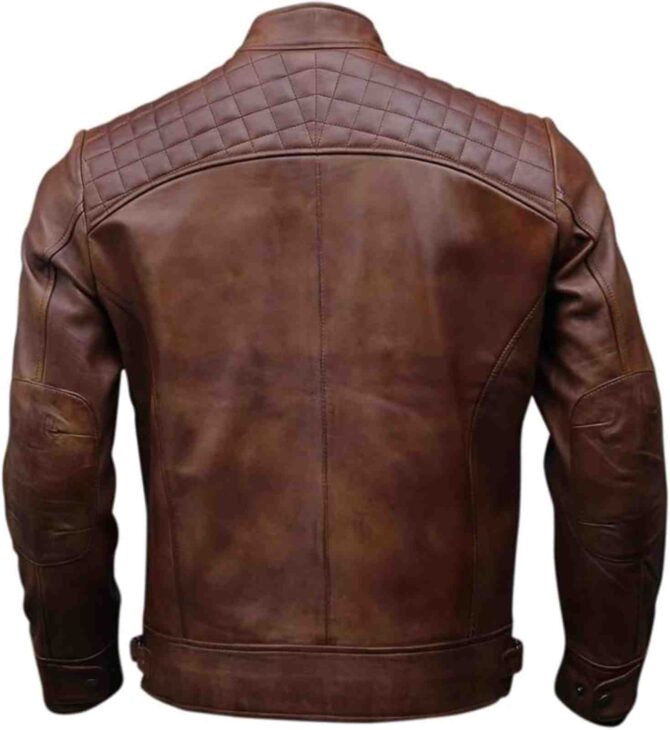 Mens Cafe Racer Brown Quilted Motorcycle Genuine Leather Vintage Biker Jacket - Image 3