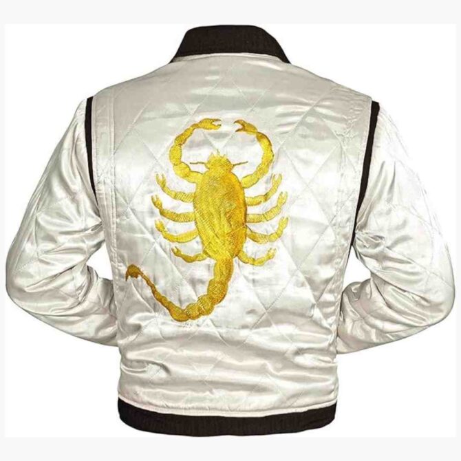 Ryan Gosling Drive Scorpion Logo Mens Satin Quilted White Bomber Jacket