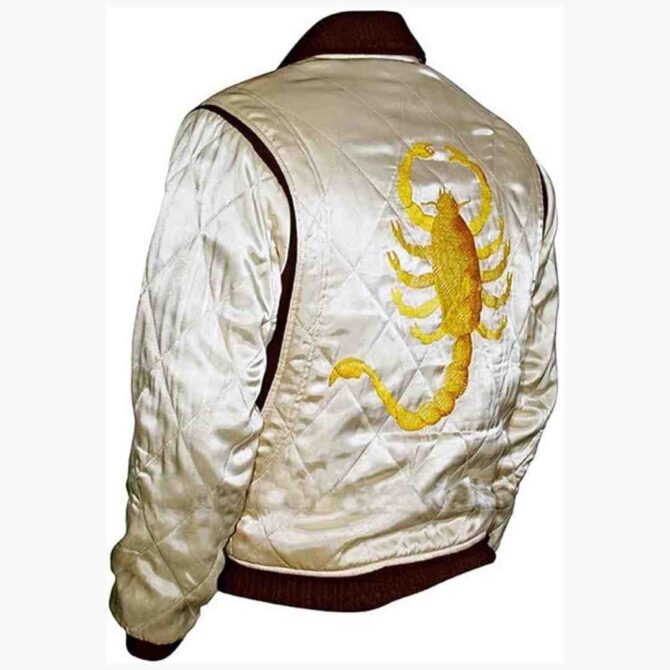 Ryan Gosling Drive Scorpion Logo Mens Satin Quilted White Bomber Jacket - Image 2