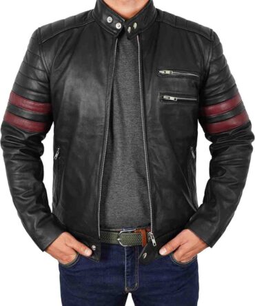 Fight Club Brad Pitt Red Stripes Mayhem Biker Black Leather Retro Motorcycle Jacket