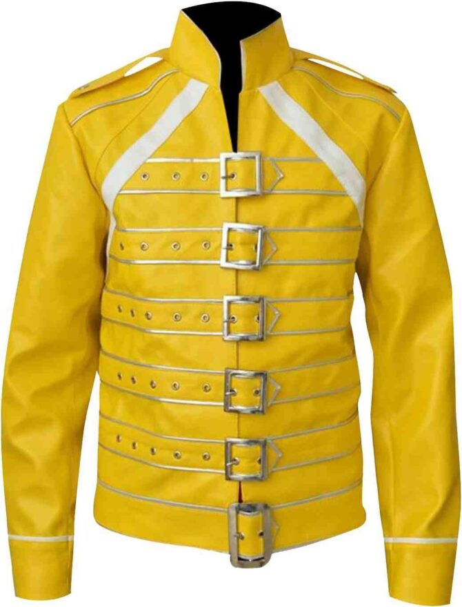 Freddie Mercury Pop Star Concert Wembley Costume Yellow Motorcycle Belted Leather Jacket