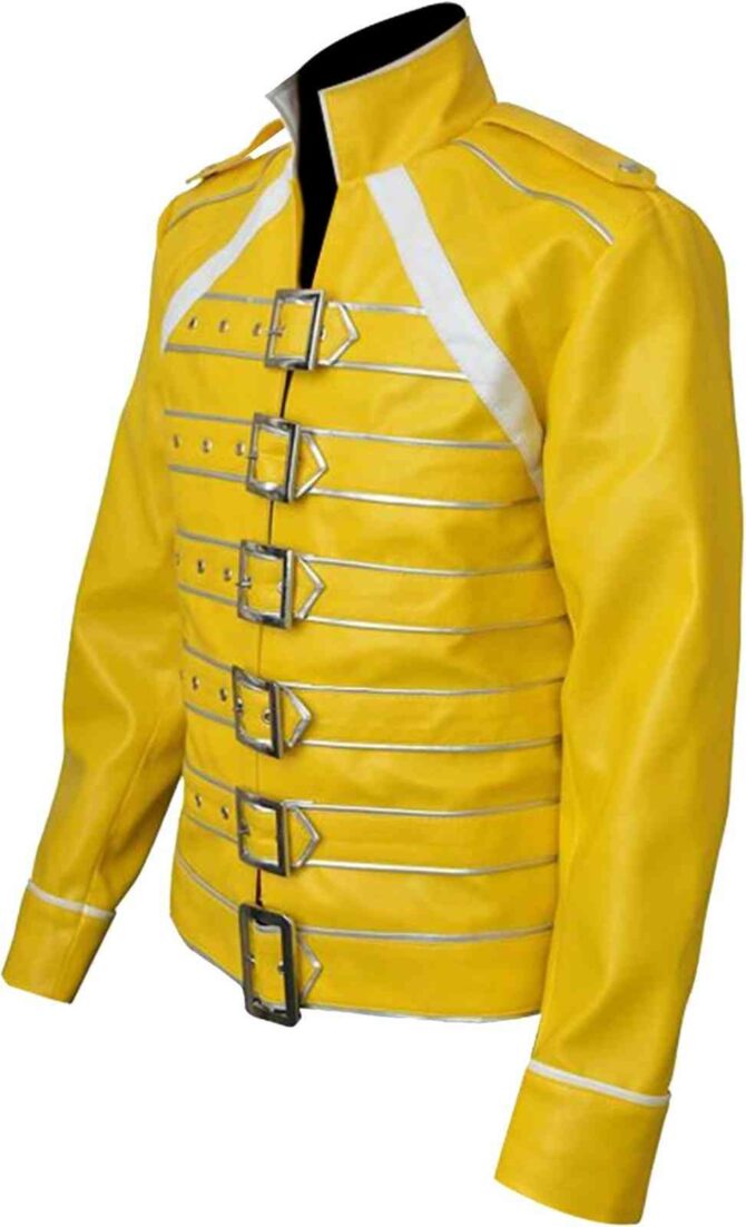 Freddie Mercury Pop Star Concert Wembley Costume Yellow Motorcycle Belted Leather Jacket - Image 2