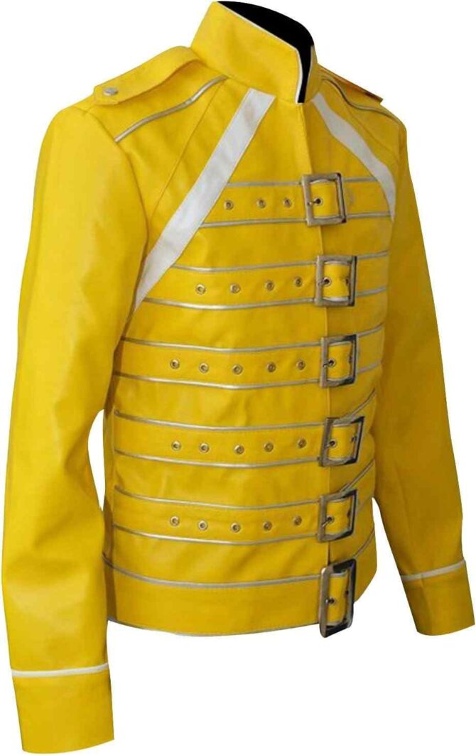 Freddie Mercury Pop Star Concert Wembley Costume Yellow Motorcycle Belted Leather Jacket - Image 3