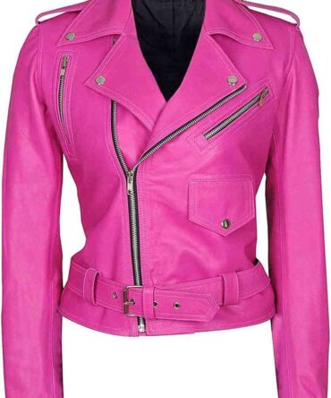 Womens Jessica Alba Hot Pink Brando Motorcycle Biker Lambskin Real Leather Jacket