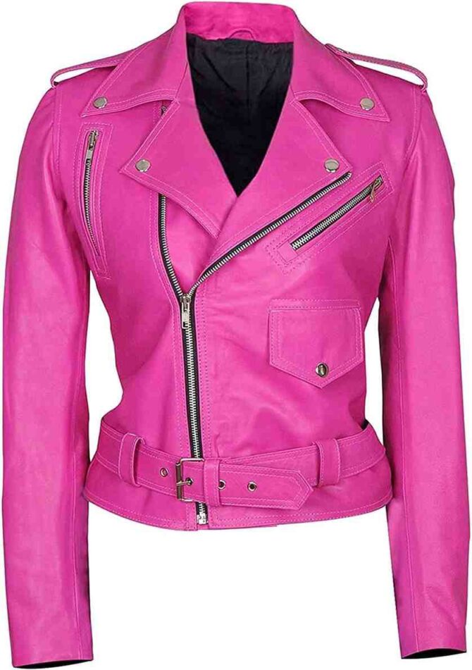 Womens Jessica Alba Hot Pink Brando Motorcycle Biker Lambskin Real Leather Jacket