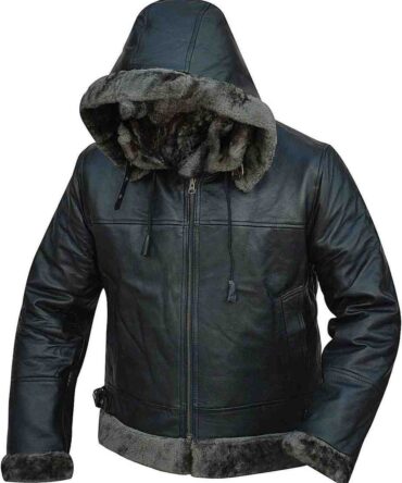 B3 Grey Faux Fur Shearling Aviator Mens Removable Hood WW2 Flight Pilot Bomber Black Leather Jacket