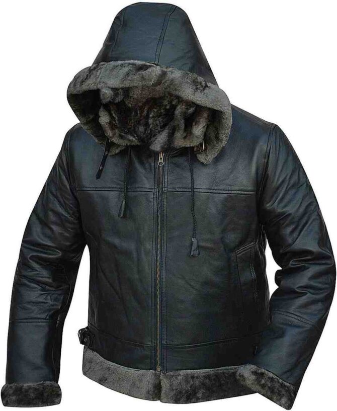 B3 Grey Faux Fur Shearling Aviator Mens Removable Hood WW2 Flight Pilot Bomber Black Leather Jacket
