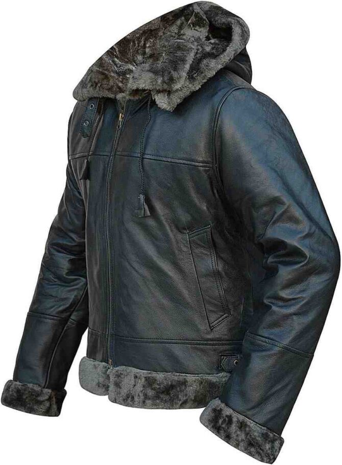 B3 Grey Faux Fur Shearling Aviator Mens Removable Hood WW2 Flight Pilot Bomber Black Leather Jacket - Image 2