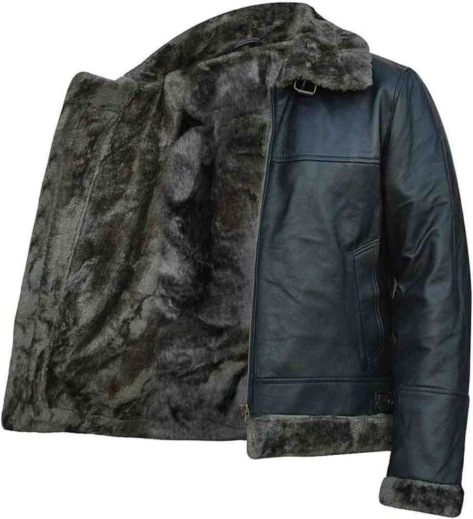 B3 Grey Faux Fur Shearling Aviator Mens Removable Hood WW2 Flight Pilot Bomber Black Leather Jacket - Image 3