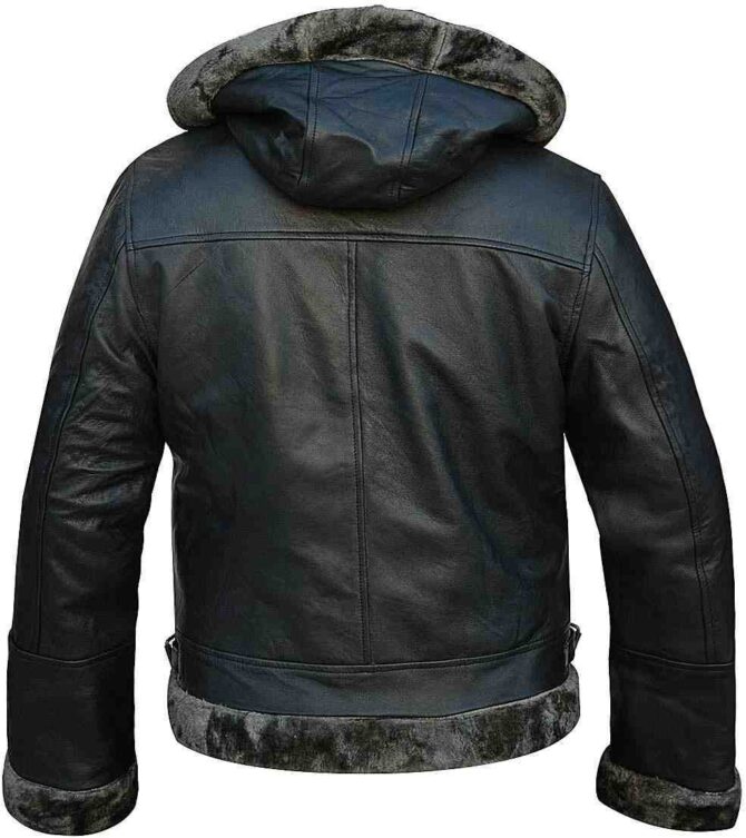B3 Grey Faux Fur Shearling Aviator Mens Removable Hood WW2 Flight Pilot Bomber Black Leather Jacket - Image 4